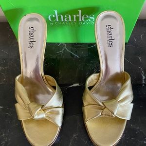 Never worn New in Box Charles David Gold leather wood  heeled shoe